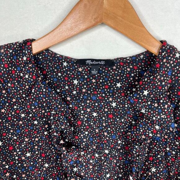 Madewell Black Silk Ruffle-Hem Wrap Top in Starry Night Women’s Size Large - Picture 5 of 10